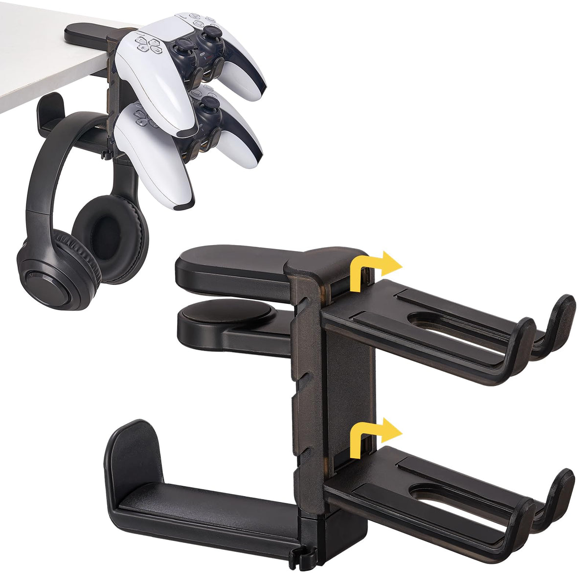 3-in-1 Under-Desk Headphone & Dual Controller Mount with Built-In Cable Clip