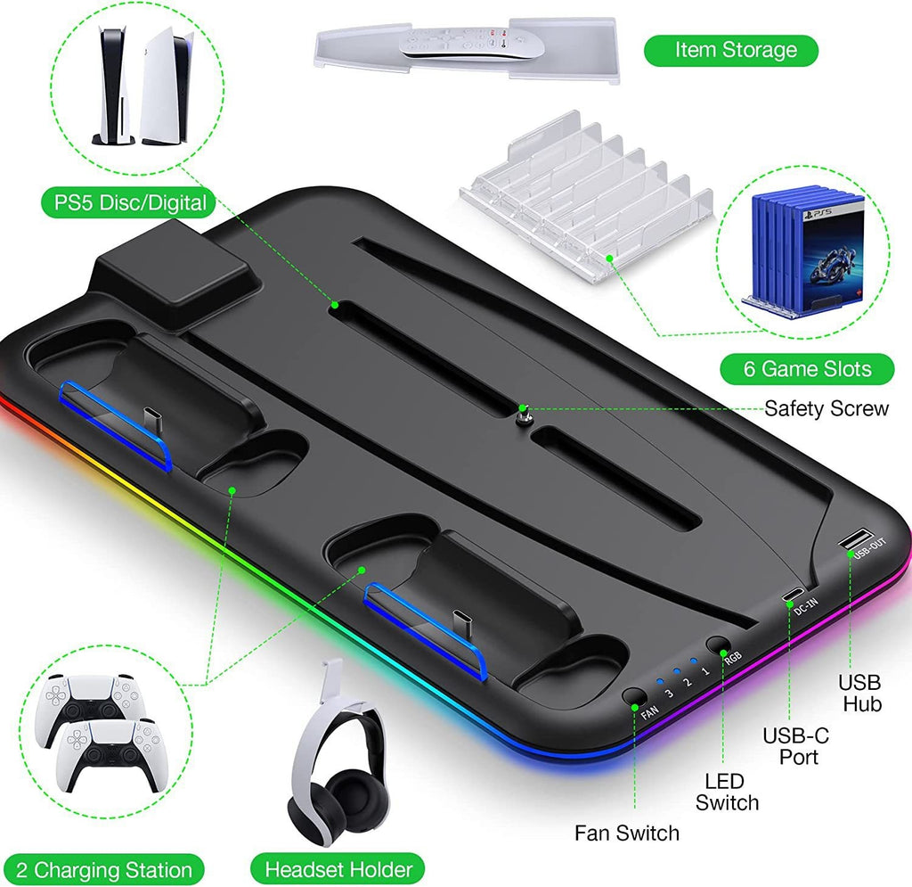 PS5 Dual Fast-Charging Station with RGB Base & Headset Stand