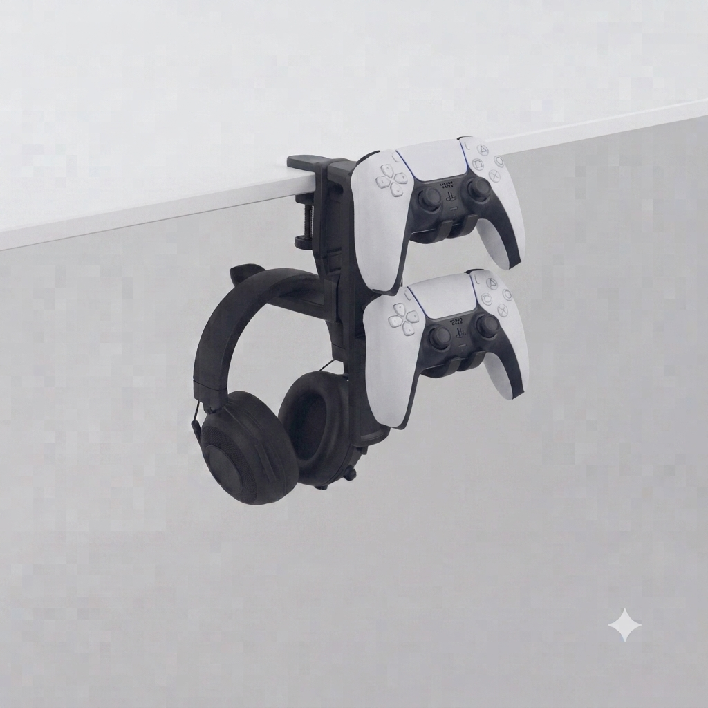 3-in-1 Under-Desk Headphone & Dual Controller Mount with Built-In Cable Clip