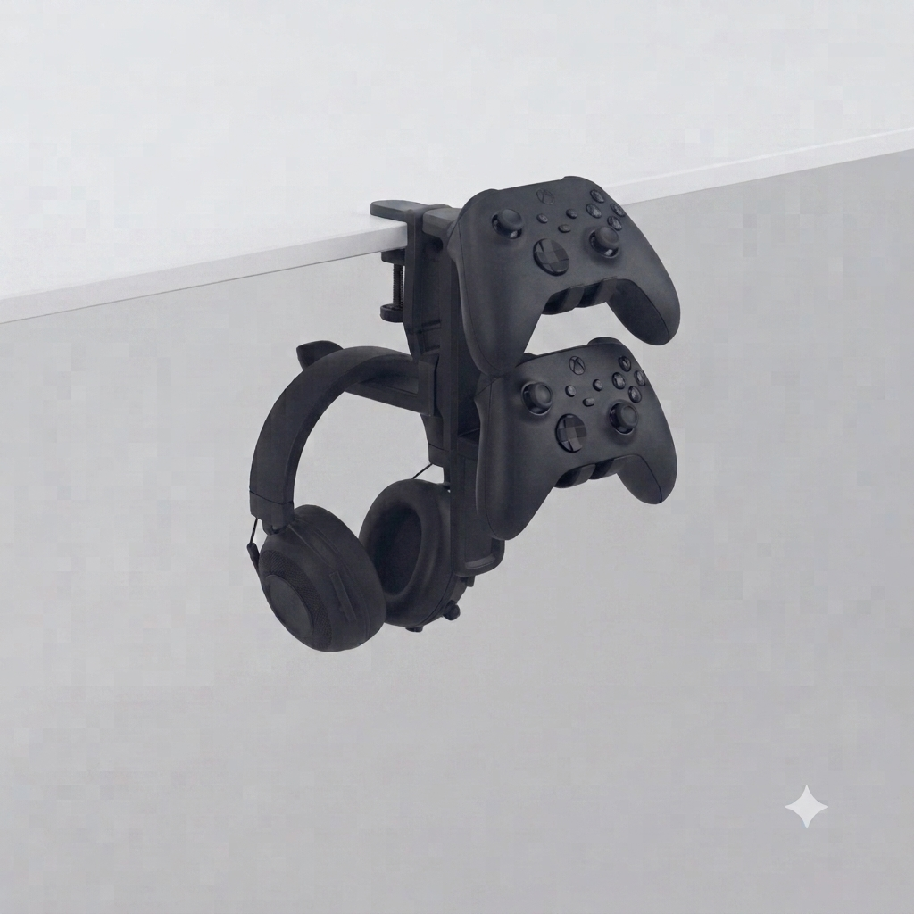 3-in-1 Under-Desk Headphone & Dual Controller Mount with Built-In Cable Clip