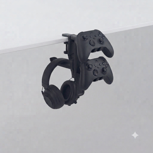 3-in-1 Under-Desk Headphone & Dual Controller Mount with Built-In Cable Clip