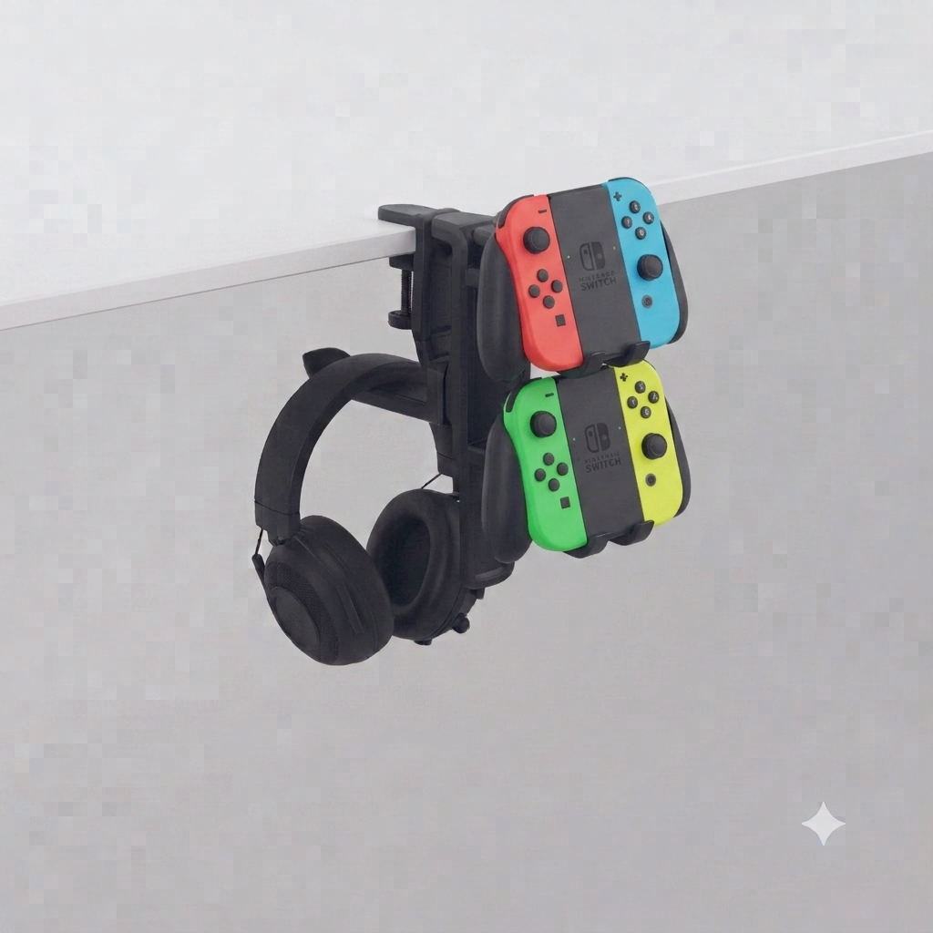 3-in-1 Under-Desk Headphone & Dual Controller Mount with Built-In Cable Clip